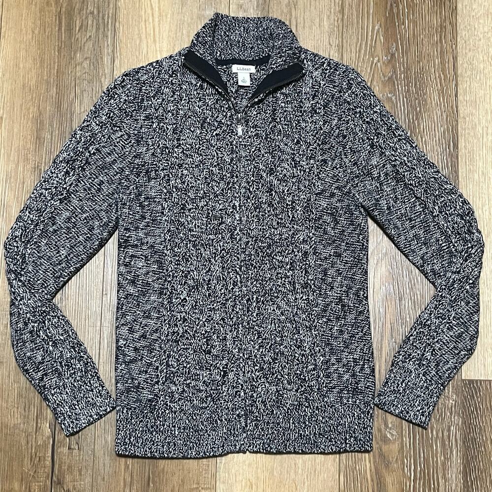 LL Bean Marled Knit Full Zip Mock Neck Sweater Mens S Salt & Pepper Pima Cotton
